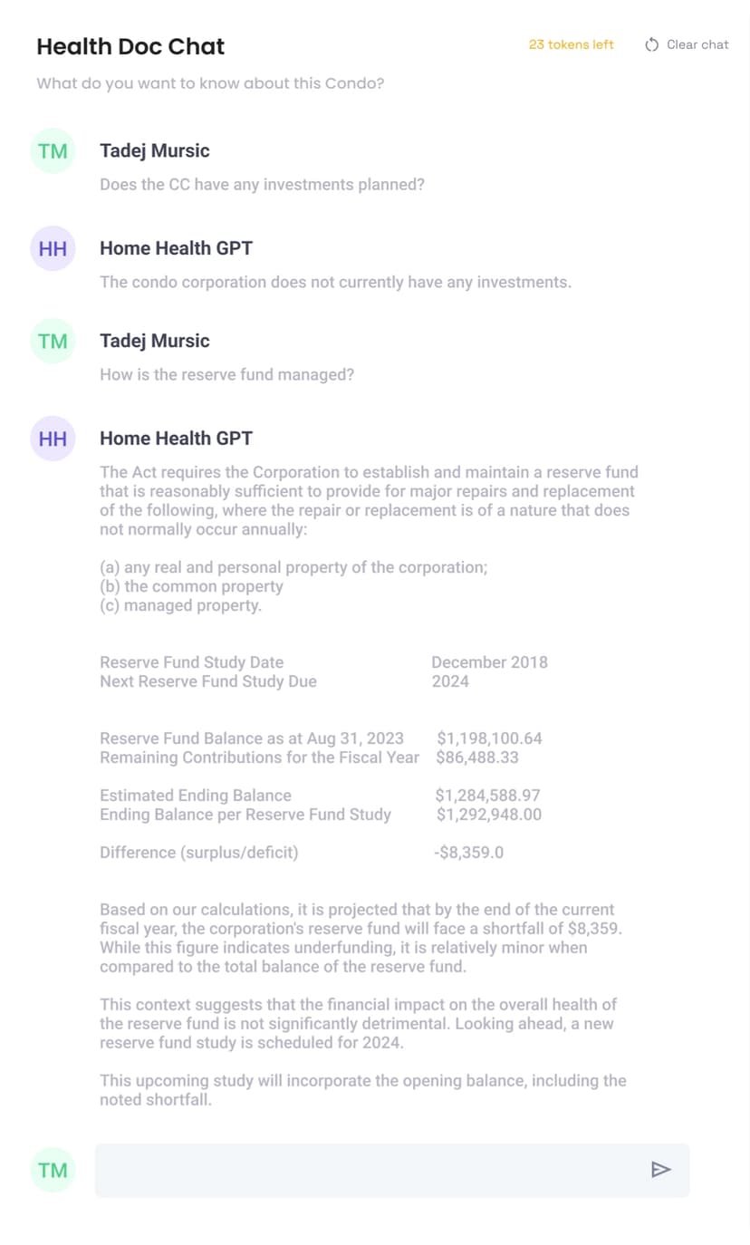 Interactive Health Doc Chat by Home Health Solutions, featuring AI-driven tools that enable user engagement in reviewing their condo documents efficiently and effectively.